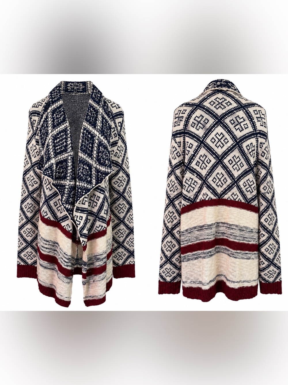Blu Pepper Open-Front Geometric Cardigan - Cream, Navy & Burgundy